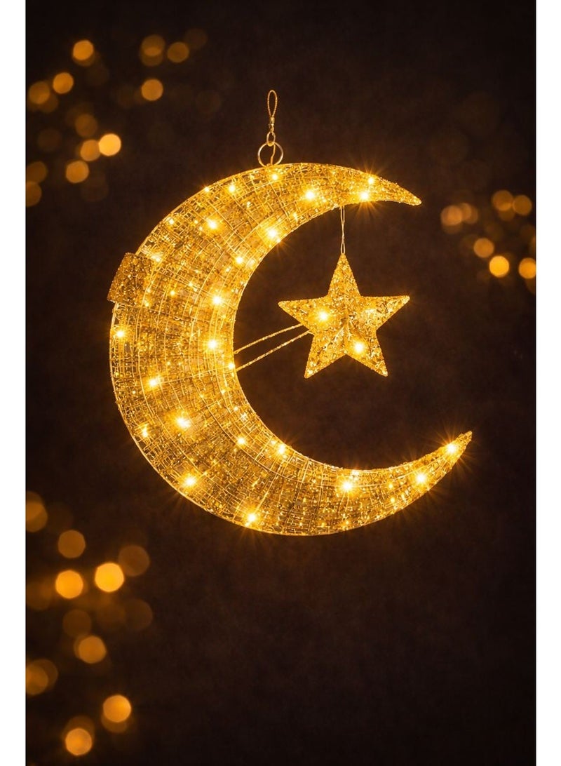 Home Care مصباح سلك نحاسي مع ضوء LED دافئ ثابت - 20 سم زينة هلال ونجمة معلقة (يعمل بالبطارية، 20 LED) - Image 1